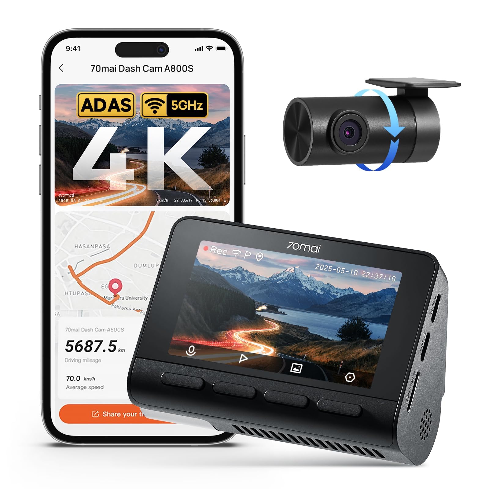 70mai A800S 4K Dash Cam Front and Rear